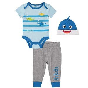 Baby Boys Baby Shark "Doo Doo Doo" Bodysuit, Pants & Hat Set Size 0/3 3/6 6/9 mo